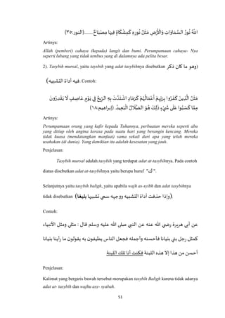 51
ُ ‫ه‬
‫اَّلل‬ٌ‫اح‬َ‫ب‬ْ‫ص‬ِ‫م‬ ‫ا‬َ‫يه‬ِ‫ف‬ ٍ‫اة‬
َ
‫ك‬
ْ
‫ش‬ِ‫م‬
َ
‫ك‬ ِ‫ه‬ِ‫ور‬ُ
‫ن‬ ُ‫ل‬
َ
‫ث‬ َ‫م‬ ِ‫ض‬ْ‫ر‬
َ ْ
‫األ‬َ‫و‬ ِ‫ات‬َ‫او‬ َ‫م‬ ‫ه‬‫الس‬ ُ‫ور‬ُ
‫ن‬:‫........(النور‬٠٦)
Artinya:
Allah (pemberi) cahaya (kepada) langit dan bumi. Perumpamaan cahaya- Nya
seperti lubang yang tidak tembus yang di dalamnya ada pelita besar.
2). Tasybih mursal, yaitu taysbih yang adat tasybihnya disebutkan (‫ذكر‬ ‫كان‬ ‫ما‬ ‫وهو‬
‫التشبيه‬‫أداة‬ ‫فيه‬) . Contoh:
َ
‫ال‬ ٍ‫ف‬ ِ‫اص‬َ‫ع‬ ٍ‫م‬ْ‫و‬َ‫ي‬ ‫ي‬ِ‫ف‬ ُ‫يح‬ِ‫الر‬ ِ‫ه‬ِ‫ب‬ ْ‫ت‬ ‫ه‬‫د‬َ‫ت‬
ْ
‫اش‬ ٍ‫اد‬ َ‫م‬َ‫ر‬
َ
‫ك‬ ْ‫م‬ُ‫ه‬
ُ
‫ال‬ َ‫م‬ْ‫ع‬
َ
‫أ‬ ْ‫م‬ِ‫ه‬ِ‫ب‬َ‫ر‬ِ‫ب‬ ‫وا‬ُ‫ر‬
َ
‫ف‬
َ
‫ك‬ َ‫ين‬ ِ‫ذ‬
‫ه‬
‫ال‬ ُ‫ل‬
َ
‫ث‬ َ‫م‬َ‫ون‬ُ‫ر‬ ِ‫د‬ ْ‫ق‬َ‫ي‬
ِ‫ل‬
َ
‫ذ‬ ٍ‫ء‬ْ‫ي‬
َ
‫ش‬ ‫ى‬
َ
‫ل‬َ‫ع‬ ‫وا‬ُ‫ب‬ َ‫س‬
َ
‫ك‬ ‫ا‬ ‫ه‬‫م‬ِ‫م‬ِ‫ع‬َ‫ب‬
ْ
‫ال‬ ُ‫ل‬
َ
‫ال‬‫ه‬‫الض‬ َ‫و‬ ُ‫ه‬ َ‫ك‬ُ‫يد‬:‫اهيم‬‫ر‬‫(إب‬.٤۱)
Artinya:
Perumpamaan orang yang kafir kepada Tuhannya, perbuatan mereka seperti abu
yang ditiup oleh angina kerasa pada suatu hari yang berangin kencang. Mereka
tidak kuasa (mendatangkan manfaat) sama sekali dari apa yang telah mereka
usahakan (di dunia). Yang demikian itu adalah kesesatan yang jauh.
Penjelasan:
Tasybih mursal adalah tasybih yang terdapat adat at-tasybihnya. Pada contoh
diatas disebutkan adat at-tasybihnya yaitu berupa huruf "‫ك‬" .
Selanjutnya yaitu tasybih baligh, yaitu apabila wajh as-syibh dan adat tasybihnya
tidak disebutkan (‫تشبيها‬‫سمي‬ ‫ووجهه‬ ‫التشبيه‬ ‫أداة‬ ‫حذفت‬ ‫وإذا‬‫بليغا‬) .
Contoh:
‫األنبياء‬ ‫ومثل‬ ‫مثلي‬ : ‫قال‬ ‫وسلم‬ ‫عليه‬ ‫هللا‬ ‫صلى‬ ‫النبي‬ ‫عن‬ ‫عنه‬ ‫هللا‬ ‫ي‬ ‫ض‬‫ر‬ ‫هريرة‬ ‫أبي‬ ‫عن‬
‫وأجم‬ ‫فأحسنه‬ ‫بنيانا‬ ‫بني‬ ‫جل‬‫ر‬ ‫كمثل‬‫بنيانا‬ ‫أينا‬‫ر‬ ‫ما‬ ‫ن‬‫يقولو‬ ‫به‬ ‫ن‬‫يطيفو‬ ‫الناس‬ ‫فجعل‬ ‫له‬
‫اللبنة‬‫هذه‬‫إال‬ ‫هذا‬ ‫من‬ ‫أحسن‬‫اللبنة‬ ‫تلك‬‫أنا‬‫فكنت‬
Penjelasan:
Kalimat yang bergaris bawah tersebut merupakan tasybih Baligh karena tidak adanya
adat at- tasybih dan wajhu asy- syabah.
 