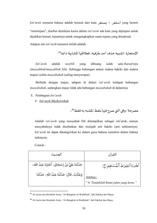 55
Isti’aroh menurut bahasa adalah berasal dari kata ‫استعر‬–‫يستعر‬ yang berarti
“meminjam”, disebut demikian karna dalam isti’aroh ada kata yang dipinjam untuk
dijadikan kiasan, tujuannya untuk mengungkapkan suatu tujuan yang dimaksud.
Adapun arti isti’aroh menurut istilah adalah:
‫دائما‬ ‫اْلشابهة‬ ‫فعالقتها‬ ،‫طرفيه‬ ‫أحد‬ ‫حذف‬ ‫تشبيه‬ : ‫ة‬‫ر‬‫اإلستعا‬45.
Isti’aroh adalah tasybih yang dibuang salah satu tharaif-nya
(musyabbah/musyabbah bih). Sehingga hubungan antara makna hakiki dan makna
majazi selalu musyabahah (saling menyerupai).
Berbeda dengan majaz, adapun di dalam isti’aroh terdapat hubungan
musyabahah, sedangkan majaz tidak ada hubungan musyabahah di dalamnya
E. Pembagian Isti’aroh
 Isti’aroh Mushorrohah
‫فقط‬ ‫به‬ ‫اْلشبه‬‫بلفظ‬ ‫فيها‬‫صرح‬ ‫التي‬‫وهي‬ : ‫مصرحة‬46،
Adalah isti’aroh yang musyabah bih ditampilkan sebagai isti’aroh, namun
musyabahnya tidak disebutkan dan menjadi arti hakiki (arti sebenarnya).
Isti’aroh ini dapat dikategorikan ke dalam gaya bahasa metafora dalam bahasa
indonesia.
Contoh :
‫آن‬‫ر‬‫الق‬‫الحديث‬

Artinya :
“ 6. Tunjukilah Kami jalan yang lurus,”
، ِ‫هللا‬ ُ‫د‬ْ‫ب‬َ‫ع‬ ‫ا‬
َ
‫ن‬َ‫ر‬َ‫ب‬
ْ
‫خ‬
َ
‫أ‬، َ‫اق‬ َ‫ح‬ ْ‫س‬ِ‫إ‬ ُ‫ن‬ْ‫ب‬ ُّ‫ي‬ ِ‫ل‬َ‫ع‬ ‫ا‬َ‫ن‬
َ
‫ث‬ ‫ه‬‫د‬ َ‫ح‬
‫ا‬َ‫ن‬
َ
‫ث‬ ‫ه‬‫د‬ َ‫ح‬ ، ِ‫هللا‬ ُ‫د‬ْ‫ب‬َ‫ع‬ ‫ا‬َ‫ن‬
َ
‫ث‬ ‫ه‬‫د‬ َ‫ح‬ : َ‫ال‬
َ
‫ق‬ ، ٌ‫اب‬‫ه‬‫ت‬َ‫ع‬َ‫و‬
45
Ali Jazim dan Musthafa Amin, “Al-Balaghoh Al-Wadhihah”, bab Hakikat dan Majaz,
46
Ali Jazim dan Musthafa Amin, “Al-Balaghoh al-Wadhihah”, bab Hakikat dan Majaz,
 