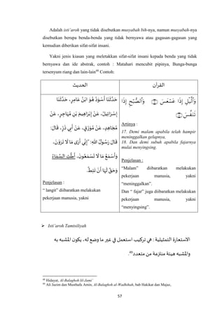57
Adalah isti’aroh yang tidak disebutkan musyabah bih-nya, namun musyabah-nya
disebutkan berupa benda-benda yang tidak bernyawa atau gagasan-gagasan yang
kemudian diberikan sifat-sifat insani.
Yakni jenis kiasan yang meletakkan sifat-sifat insani kepada benda yang tidak
bernyawa dan ide abstrak, contoh : Matahari mencubit pipinya, Bunga-bunga
tersenyum riang dan lain-lain48
Contoh:
‫آن‬‫ر‬‫الق‬‫الحديث‬


Artinya :
17. Demi malam apabila telah hampir
meninggalkan gelapnya,
18. Dan demi subuh apabila fajarnya
mulai menyingsing.
Penjelasan :
“Malam” diibaratkan melakukan
pekerjaan manusia, yakni
“meninggalkan”.
Dan “ fajar” juga diibaratkan melakukan
pekerjaan manusia, yakni
“menyingsing”.
‫ا‬َ‫ن‬
َ
‫ث‬ ‫ه‬‫د‬ َ‫ح‬ ،ٍ‫ر‬ِ‫ام‬َ‫ع‬ ُ‫ن‬ْ‫اب‬ َ‫و‬ ُ‫ه‬ ُ‫د‬َ‫و‬ ْ‫س‬
َ
‫أ‬ ‫ا‬َ‫ن‬
َ
‫ث‬ ‫ه‬‫د‬ َ‫ح‬
ْ‫ن‬َ‫ع‬ ،ٍ‫ر‬ ِ‫اج‬َ‫ه‬ ُ‫م‬ ِ‫ن‬ْ‫ب‬ َ‫يم‬ ِ‫اه‬َ‫ر‬ْ‫ب‬ِ‫إ‬ ْ‫ن‬َ‫ع‬ ، ُ‫يل‬ِ‫ئ‬‫ا‬َ‫ر‬ ْ‫س‬ِ‫إ‬
: َ‫ال‬
َ
‫ق‬ ،ٍ‫ر‬
َ
‫ذ‬ ‫ي‬ِ‫ب‬
َ
‫أ‬ ْ‫ن‬َ‫ع‬ ، ٍ‫ق‬ِ‫ر‬َ‫و‬ ُ‫م‬ ْ‫ن‬َ‫ع‬ ، ٍ‫د‬ ِ‫اه‬ َ‫ج‬ ُ‫م‬
، َ‫ن‬ ْ‫و‬َ‫ر‬
َ
‫ت‬
َ
‫ال‬ ‫ا‬ َ‫م‬‫ى‬َ‫ر‬
َ
‫أ‬ ‫ي‬ِ‫ن‬ِ‫"إ‬ : ِ‫هللا‬ ُ‫ل‬‫و‬ ُ‫س‬َ‫ر‬ َ‫ال‬
َ
‫ق‬
،
َ‫ن‬‫و‬ُ‫ع‬ َ‫م‬ ْ‫س‬
َ
‫ت‬
َ
‫ال‬ ‫ا‬ َ‫م‬ ُ‫ع‬ َ‫م‬ ْ‫س‬
َ
‫أ‬َ‫و‬
‫ه‬
‫ط‬
َ
‫أ‬ُ‫اء‬ َ‫م‬ ‫ه‬‫الس‬ ِ‫ت‬
.
‫ه‬
‫ط‬ِ‫ئ‬
َ
‫ت‬ ْ‫ن‬
َ
‫أ‬ ‫ا‬َ‫ه‬
َ
‫ل‬ ‫ه‬‫ق‬ َ‫ح‬َ‫و‬
Penjelasan :
“ langit” diibaratkan melakukan
pekerjaan manusia, yakni
 Isti’aroh Tamtsiliyah
‫به‬‫اْلشبه‬ ‫ن‬‫يكو‬ ،‫له‬ ‫وضع‬‫ما‬ ‫غير‬ ‫في‬ ‫استعمل‬ ‫تركيب‬‫هي‬ :‫التمثيلية‬ ‫ة‬‫ر‬‫االستعا‬
‫متعدد‬‫من‬ ‫منتزعة‬ ‫هيئة‬ ‫واْلشبه‬49.
48
Hidayat, Al-Balaghoh lil-Jami’
49
Ali Jazim dan Musthafa Amin, Al-Balaghoh al-Wadhihah, bab Hakikat dan Majaz,
 