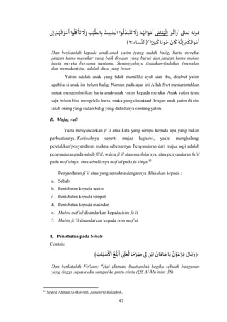 67
" ‫تعالى‬ ‫قوله‬‫وا‬
ُ
‫آت‬َ‫و‬‫ى‬ َ‫ام‬َ‫ت‬َ‫ي‬
ْ
‫ال‬‫ى‬
َ
‫ل‬ِ‫إ‬ ْ‫م‬ُ‫ه‬
َ
‫ال‬َ‫و‬ ْ‫م‬
َ
‫أ‬‫وا‬
ُ
‫ل‬
ُ
‫ك‬
ْ
‫أ‬
َ
‫ت‬
َ
‫ال‬َ‫و‬ ِ‫ب‬ِ‫ي‬
‫ه‬
‫الط‬ِ‫ب‬
َ
‫يث‬ِ‫ب‬
َ
‫خ‬
ْ
‫ال‬ ‫وا‬
ُ
‫ل‬ ‫ه‬‫د‬َ‫ب‬
َ
‫ت‬
َ
‫ت‬
َ
‫ال‬َ‫و‬ ْ‫م‬ُ‫ه‬
َ
‫ال‬َ‫و‬ ْ‫م‬
َ
‫أ‬
‫ا‬ً‫ير‬ِ‫ب‬
َ
‫ك‬ ‫ا‬ً‫وب‬ ُ‫ح‬ َ‫ان‬
َ
‫ك‬ ُ‫ه‬‫ه‬‫ن‬ِ‫إ‬ ْ‫م‬
ُ
‫ك‬ِ‫ال‬َ‫و‬ ْ‫م‬
َ
‫أ‬":‫ساء‬‫(الن‬٢)
Dan berikanlah kepada anak-anak yatim (yang sudah balig) harta mereka,
jangan kamu menukar yang baik dengan yang buruk dan jangan kamu makan
harta mereka bersama hartamu. Sesungguhnya tindakan-tindakan (menukar
dan memakan) itu, adalah dosa yang besar.
Yatim adalah anak yang tidak memiliki ayah dan ibu, disebut yatim
apabila si anak itu belum balig. Namun pada ayat ini Allah Swt memerintahkan
untuk mengembalikan harta anak-anak yatim kepada mereka. Anak yatim tentu
saja belum bisa mengelola harta, maka yang dimaksud dengan anak yatim di sini
ialah orang yang sudah balig yang dahulunya seorang yatim.
B. Majaz Aqli
Yaitu menyandarkan fi’il atau kata yang serupa kepada apa yang bukan
perbuatannya. Karinahnya seperti majaz lughawi, yakni menghalangi
peletakkan/penyandaran makna sebenarnya. Penyandaran dari majaz aqli adalah
penyandaran pada sabab fi’il, waktu fi’il atau mashdarnya, atau penyandaran fa’il
pada maf’ulnya, atau sebaliknya maf’ul pada fa’ilnya.53
Penyandaran fi’il atau yang semakna dengannya dilakukan kepada :
a. Sebab
b. Penisbatan kepada waktu
c. Penisbatan kepada tempat
d. Penisbatan kepada mashdar
e. Mabni maf’ul disandarkan kepada isim fa’il
f. Mabni fa’il disandarkan kepada isim maf’ul
1. Penisbatan pada Sebab
Contoh:
﴾ َ‫اب‬َ‫ب‬ ْ‫س‬
َ ْ
‫األ‬ ُ‫غ‬
ُ
‫ل‬ْ‫ب‬
َ
‫أ‬‫ي‬ ِ‫ل‬َ‫ع‬
‫ه‬
‫ل‬ ‫ا‬ ً‫ح‬ْ‫ر‬َ‫ص‬ ‫ي‬ِ‫ل‬ ِ‫ن‬ْ‫اب‬ ُ‫ان‬ َ‫ام‬ َ‫ه‬ ‫ا‬َ‫ي‬
ُ‫ن‬ْ‫و‬َ‫ع‬ْ‫ر‬ِ‫ف‬ َ‫ال‬
َ
‫ق‬َ‫﴿و‬
Dan berkatalah Fir'aun: "Hai Haman, buatkanlah bagiku sebuah bangunan
yang tinggi supaya aku sampai ke pintu-pintu (QS Al-Mu’min: 36)
53
Sayyid Ahmad Al-Hasyimi, Jawahirul Balaghoh,
 