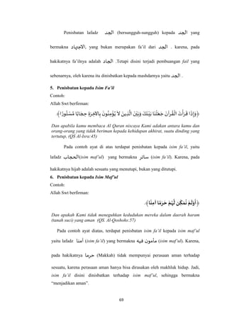 69
Penisbatan lafadz ‫الجد‬ (bersungguh-sungguh) kepada ‫الجد‬ yang
bermakna ‫,االجتهاد‬ yang bukan merupakan fa’il dari ‫الجد‬ . karena, pada
hakikatnya fa’ilnya adalah ‫الجاد‬ .Tetapi disini terjadi pembuangan fail yang
sebenarnya, oleh karena itu dinisbatkan kepada mashdarnya yaitu ‫الجد‬ .
5. Penisbatan kepada Isim Fa’il
Contoh:
Allah Swt berfirman:
‫و‬ُ‫ت‬ ْ‫س‬ ‫ه‬‫م‬ ‫ا‬ً‫اب‬ َ‫ج‬ ِ‫ح‬ ِ‫ة‬َ‫ر‬ ِ‫اْلخ‬ِ‫ب‬
َ‫ن‬‫و‬ُ‫ن‬ِ‫م‬
ْ
‫ؤ‬ُ‫ي‬
َ
‫ال‬ َ‫ين‬ ِ‫ذ‬
‫ه‬
‫ال‬ َ‫ن‬ْ‫ي‬َ‫ب‬َ‫و‬ َ‫ك‬َ‫ن‬ْ‫ي‬َ‫ب‬ ‫ا‬َ‫ن‬
ْ
‫ل‬َ‫ع‬ َ‫ج‬ َ‫آن‬‫ر‬ ُ‫ق‬
ْ
‫ال‬ َ‫ت‬
ْ
‫أ‬َ‫ر‬
َ
‫ق‬ ‫ا‬
َ
‫ذ‬ِ‫إ‬َ‫﴿و‬﴾‫ا‬ ً‫ر‬.
Dan apabila kamu membaca Al Quran niscaya Kami adakan antara kamu dan
orang-orang yang tidak beriman kepada kehidupan akhirat, suatu dinding yang
tertutup, (QS Al-Isra:45)
Pada contoh ayat di atas terdapat penisbatan kepada isim fa’il, yaitu
lafadz ‫الحجاب‬(isim maf’ul) yang bermakna ‫ساتر‬ (isim fa’il). Karena, pada
hakikatnya hijab adalah sesuatu yang menutupi, bukan yang ditutupi.
6. Penisbatan kepada Isim Maf’ul
Contoh:
Allah Swt berfirman:
﴿‫ا‬
ً
‫ن‬ِ‫آم‬ ‫ا‬ ً‫م‬َ‫ر‬ َ‫ح‬ ‫م‬‫ه‬
َ
‫ل‬ ‫ن‬ ِ
ّ
‫ك‬ َ‫م‬‫ن‬ ‫م‬
َ
‫ل‬َ‫و‬
َ
‫أ‬.﴾
Dan apakah Kami tidak meneguhkan kedudukan mereka dalam daerah haram
(tanah suci) yang aman (QS. Al-Qoshohs:57)
Pada contoh ayat diatas, terdapat penisbatan isim fa’il kepada isim maf’ul
yaitu lafadz ‫آمنا‬ (isim fa’il) yang bermakna ‫فيه‬ ‫ن‬‫مأمو‬ (isim maf’ul). Karena,
pada hakikatnya ‫حرما‬ (Makkah) tidak mempunyai perasaan aman terhadap
sesuatu, karena perasaan aman hanya bisa dirasakan oleh makhluk hidup. Jadi,
isim fa’il disini dinisbatkan terhadap isim maf’ul, sehingga bermakna
“menjadikan aman”.
 