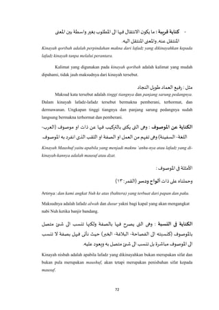 72
-‫قريبة‬ ‫كناية‬:‫واسطة‬ ‫بغير‬‫اْلطلوب‬ ‫الى‬ ‫فيها‬ ‫االنتقال‬ ‫ن‬‫يكو‬ ‫ما‬‫اْلعنى‬‫بين‬
‫عن‬ ‫اْلنتقل‬.‫اليه‬ ‫اْلنتقل‬‫واْلعنى‬ ,‫ه‬
Kinayah qoribah adalah perpindahan makna dari lafadz yang dikinayahkan kepada
lafadz kinayah tanpa melalui perantara.
Kalimat yang digunakan pada kinayah qoribah adalah kalimat yang mudah
dipahami, tidak jauh maksudnya dari kinayah tersebut.
‫النجاد‬ ‫طويل‬ ‫العماد‬ ‫فيع‬‫ر‬ : ‫مثل‬
Maksud kata tersebut adalah tinggi tiangnya dan panjang sarung pedangnya.
Dalam kinayah lafadz-lafadz tersebut bermakna pemberani, terhormat, dan
dermawanan. Ungkapan tinggi tiangnya dan panjang sarung pedangnya sudah
langsung bermakna terhormat dan pemberani.
‫املوصوف‬ ‫عن‬ ‫الكناية‬‫موصوف‬ ‫او‬ ‫ذات‬ ‫عن‬ ‫فيها‬ ‫بالتركيب‬ ‫يكنى‬ ‫التى‬ ‫وهى‬ :‫(العرب‬-
‫اللغة‬-‫اْل‬‫به‬ ‫انفرد‬‫الذى‬ ‫اللقب‬ ‫او‬ ‫الصفة‬ ‫او‬‫العمل‬ ‫من‬ ‫تفهم‬‫وهى‬ )‫السفينة‬‫وصوف‬.
Kinayah Maushuf yaitu apabila yang menjadi maknu ‘anhu-nya atau lafadz yang di-
kinayah-kannya adalah mausuf atau dzat.
:‫اْلوصوف‬‫فى‬ ‫األمثلة‬
‫ذات‬ ‫على‬ ‫وحملناه‬‫ودسر‬ ‫ألواح‬:‫(القمر‬٤٠)
Artinya : dan kami angkat Nuh ke atas (bahtera) yang terbuat dari papan dan paku.
Maksudnya adalah lafadz alwah dan dusur yakni bagi kapal yang akan mengangkat
nabi Nuh ketika banjir bandang.
‫النسبة‬ ‫فى‬ ‫الكناية‬‫متصل‬ ‫ئ‬ ‫ش‬ ‫الى‬ ‫تنسب‬ ‫ولكنها‬ ‫بالصفة‬ ‫فيها‬ ‫يصرح‬ ‫التى‬ ‫وهى‬ :
‫الفصاحة‬ ‫الى‬ ‫(كنسبته‬ ‫باْلوصوف‬-‫البالغة‬-‫تنسب‬ ‫ال‬ ‫بصفة‬ ‫فيهل‬ ‫نأتى‬ ‫حيث‬ )‫الخبر‬
.‫عليه‬ ‫وععود‬‫به‬ ‫متصل‬ ‫ئ‬ ‫ش‬‫الى‬ ‫تنسب‬‫بل‬ ‫مباشرة‬ ‫اْلوصوف‬‫الى‬
Kinayah nisbah adalah apabila lafadz yang dikinayahkan bukan merupakan sifat dan
bukan pula merupakan maushuf, akan tetapi merupakan penisbahan sifat kepada
mausuf.
 