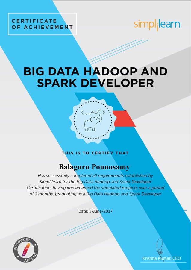 Simplilearn Certificate - Hadoop and Spark