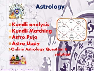 Astrology
Kundli analysis
Kundli Matching
Astro Puja
Astro Upay
Online Astrology Question &
solution
Presented by - Balaji Consultant, Sunil Soni....
 