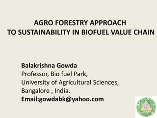 AGRO FORESTRY APPROACH
TO SUSTAINABILITY IN BIOFUEL VALUE CHAIN
Balakrishna Gowda
Professor, Bio fuel Park,
University of Agricultural Sciences,
Bangalore , India.
Email:gowdabk@yahoo.com
 