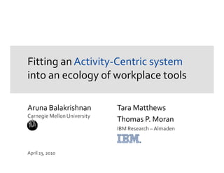 Fitting an Activity‐Centric system 
into an ecology of workplace tools

Aruna Balakrishnan           Tara Matthews 
Carnegie Mellon University
                             Thomas P. Moran
                             Thomas P  Moran
                             IBM Research – Almaden



April 13, 2010
 