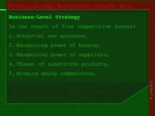 Formulating Business-Level str.
Business-Level Strategy
Is the result of five competitive forces:
1. Potential new entrance,
2. Bargaining power of buyers,
3. Bargaining power of suppliers,
4. Threat of substitute products,
5. Rivalry among competitors.
Porter’s
 