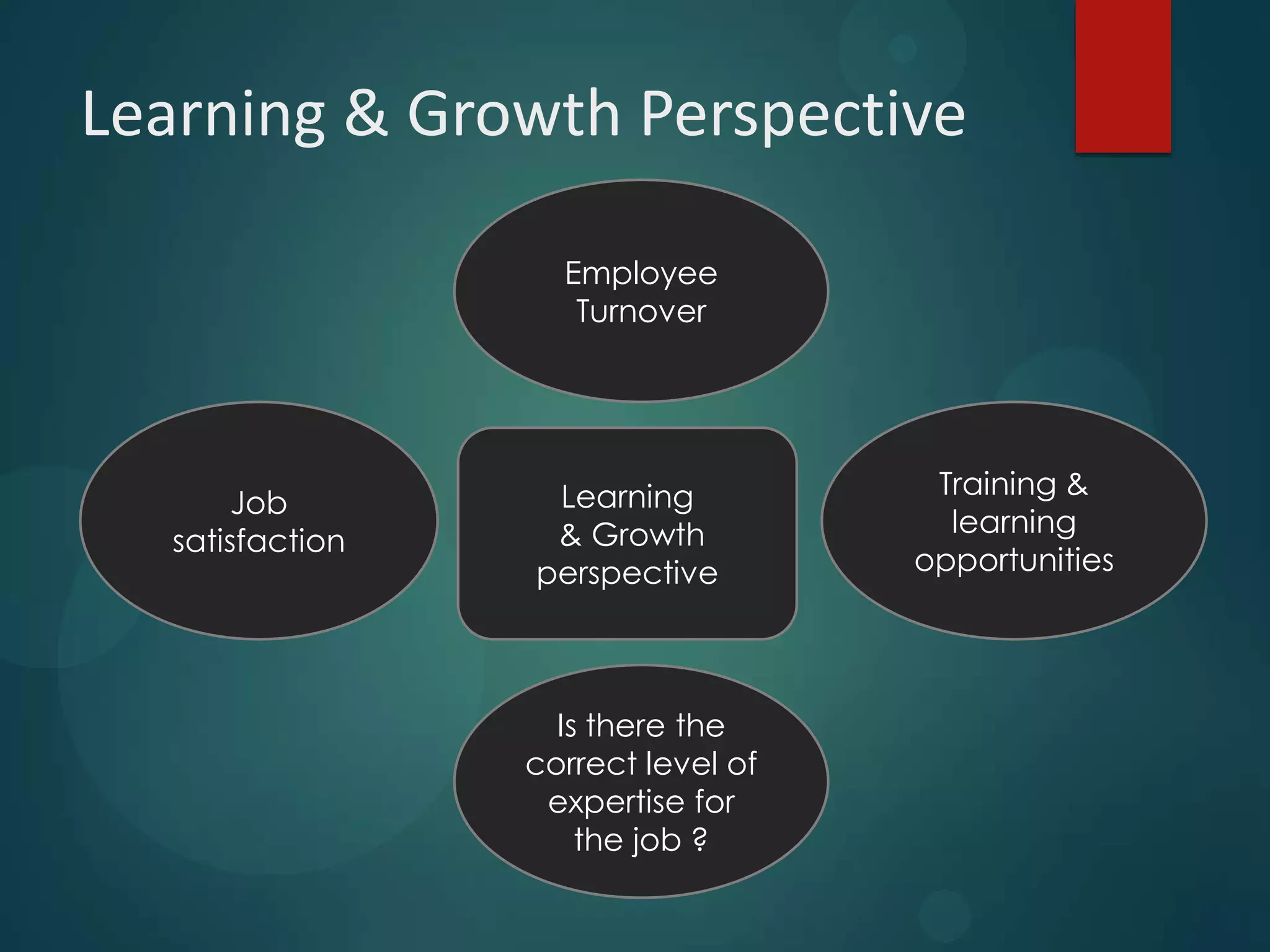 Learning & Growth Perspective
Learning
& Growth
perspective
Training &
learning
opportunities
Employee
Turnover
Job
satisfaction
Is there the
correct level of
expertise for
the job ?
 