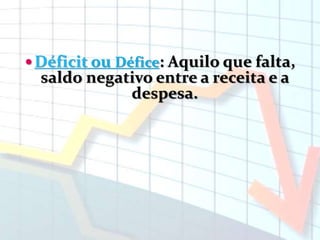 Déficit ou Défice: Aquilo que falta,
saldo negativo entre a receita e a
despesa.
 
