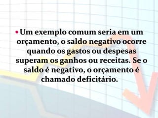  Um exemplo comum seria em um
orçamento, o saldo negativo ocorre
quando os gastos ou despesas
superam os ganhos ou receitas. Se o
saldo é negativo, o orçamento é
chamado deficitário.
 