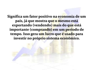 Significa um fator positivo na economia de um
país, já que mostra que o mesmo está
exportando (vendendo) mais do que está
importante (comprando) em um período de
tempo. Isso gera um lucro que é usado para
investir no próprio sistema econômico.
 