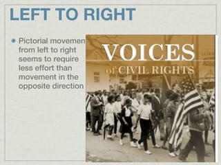 LEFT TO RIGHT
Pictorial movement
from left to right
seems to require
less effort than
movement in the
opposite direction
 