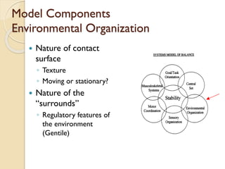 Model Components
Environmental Organization
 Nature of contact
surface
◦ Texture
◦ Moving or stationary?
 Nature of the
“surrounds”
◦ Regulatory features of
the environment
(Gentile)
 