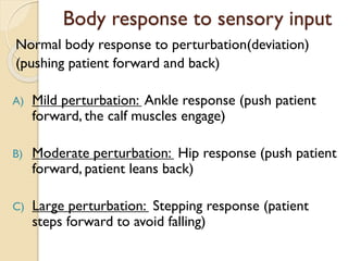Body response to sensory input
Normal body response to perturbation(deviation)
(pushing patient forward and back)
A) Mild perturbation: Ankle response (push patient
forward, the calf muscles engage)
B) Moderate perturbation: Hip response (push patient
forward, patient leans back)
C) Large perturbation: Stepping response (patient
steps forward to avoid falling)
 