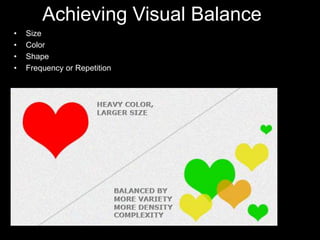Achieving Visual Balance
• Size
• Color
• Shape
• Frequency or Repetition
 