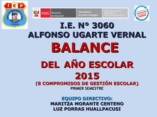 I.E. N° 3060I.E. N° 3060
ALFONSO UGARTE VERNALALFONSO UGARTE VERNAL
BALANCEBALANCE
DELDEL AÑO ESCOLARAÑO ESCOLAR
20152015
(8 COMPROMISOS DE GESTIÓN ESCOLAR)(8 COMPROMISOS DE GESTIÓN ESCOLAR)
PRIMER SEMESTREPRIMER SEMESTRE
EQUIPO DIRECTIVO:EQUIPO DIRECTIVO:
MARITZA MORANTE CENTENOMARITZA MORANTE CENTENO
LUZ PORRAS HUALLPACUSILUZ PORRAS HUALLPACUSI
 