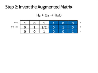 Step 2: Invert the Augmented Matrix
                      H2 + O2 → H2O
      a=a-c
              1   0      1    1       0   0   a

   b=b-1/2c
              0   1     1/2   0       1   0   b


              0   0      1    0       0   1   c
 