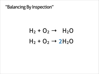 “Balancing By Inspection”




          2H2 + O2 → 2H2O
          2H2 + O2 → 2H2O
 