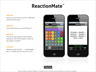 ReactionMate
                                                                                                   TM




iPhone and iPad are trademarks of Apple Inc., registered in the U.S. and other countries. App Store is a service mark of Apple Inc.
 