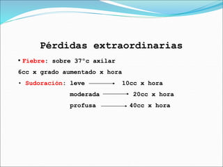 Pérdidas extraordinarias
• Fiebre: sobre 37ºc axilar
6cc x grado aumentado x hora
• Sudoración: leve 10cc x hora
moderada 20cc x hora
profusa 40cc x hora
 