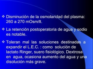 Disminución de la osmolaridad del plasma: 260 a 270 mOsm/lt.  La retención postoperatoria de agua y sodio es notable.  Toleran  mal  las  soluciones  destinadas  a expandir el L.E.C. : como  solución de lactato Ringer, suero fisiológico. Dextrosa  en  agua, ocasiona aumento del agua y una disolución más grave. 