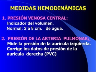 MEDIDAS HEMODINÁMICAS 1.   PRESIÓN VENOSA CENTRAL: Indicador del volumen. Normal: 2 a 8 cm.  de agua.  2.  PRESIÓN DE LA ARTERIA  PULMONAR :  Mide la presión de la aurícula izquierda.  Corrige los datos de presión de la  aurícula  derecha (PVC) 