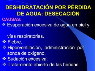 DESHIDRATACIÓN POR PÉRDIDA DE AGUA: DESECACIÓN CAUSAS: Evaporación excesiva de agua en piel y  vías respiratorias.  Fiebre.  Hiperventilación,  administración  por  sonda de oxígeno.  Sudación excesiva.  Tratamiento abierto de las heridas.  