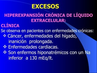 EXCESOS HIPEREXPANSIÓN CRÓNICA DE LÍQUIDO EXTRACELULAR : CLÍNICA Se observa en pacientes con enfermedades crónicas:  Cáncer, enfermedades del hígado,  inanición  prolongada. Enfermedades cardiacas.  Son enfermos hiponatrémicos con un Na  inferior  a 130 mEq/lt.  
