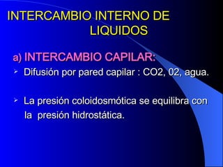 a)  INTERCAMBIO CAPILAR:   Difusión por pared capilar : CO2, 02, agua.  La presión coloidosmótica se equilibra con  la  presión hidrostática. INTERCAMBIO INTERNO DE  LIQUIDOS  