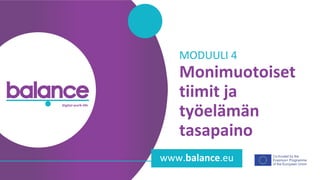 balance digital work-life
www.balance.eu
Monimuotoiset
tiimit ja
työelämän
tasapaino
MODUULI 4
 