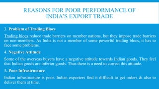 REASONS FOR POOR PERFORMANCE OF
INDIA’S EXPORT TRADE
3. Problem of Trading Blocs
Trading blocs reduce trade barriers on member nations, but they impose trade barriers
on non-members. As India is not a member of some powerful trading blocs, it has to
face some problems.
4. Negative Attitude
Some of the overseas buyers have a negative attitude towards Indian goods. They feel
that Indian goods are inferior goods. Thus there is a need to correct this attitude.
5. Poor Infrastructure
Indian infrastructure is poor. Indian exporters find it difficult to get orders & also to
deliver them at time.
 