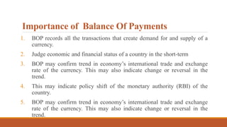 Importance of Balance Of Payments
1. BOP records all the transactions that create demand for and supply of a
currency.
2. Judge economic and financial status of a country in the short-term
3. BOP may confirm trend in economy’s international trade and exchange
rate of the currency. This may also indicate change or reversal in the
trend.
4. This may indicate policy shift of the monetary authority (RBI) of the
country.
5. BOP may confirm trend in economy’s international trade and exchange
rate of the currency. This may also indicate change or reversal in the
trend.
 