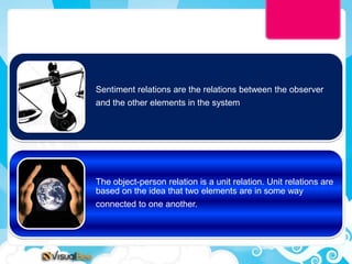 Sentiment relations are the relations between the observer
and the other elements in the system




The object-person relation is a unit relation. Unit relations are
based on the idea that two elements are in some way
connected to one another.
 