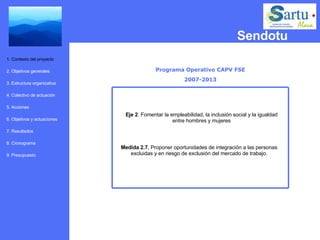 Sendotu Programa Operativo CAPV FSE 2007-2013 Eje 2 . Fomentar la empleabilidad, la inclusión social y la igualdad entre hombres y mujeres Medida 2.7.  Proponer oportunidades de integración a las personas excluidas y en riesgo de exclusión del mercado de trabajo. 1. Contexto del proyecto 2. Objetivos generales 3. Estructura organizativa 4. Colectivo de actuación 5. Acciones 6. Objetivos y actuaciones 7. Resultados 8. Cronograma 9. Presupuesto FSE 2007-2013 