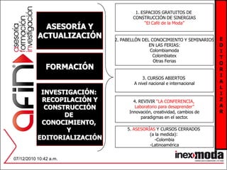 EDITORIALIZAR1. ESPACIOS GRATUITOS DE CONSTRUCCIÓN DE SINERGIAS“El Café de la Moda”ASESORÍA YACTUALIZACIÓN2. PABELLÓN DEL CONOCIMIENTO Y SEMINARIOSEN LAS FERIAS:ColombiamodaColombiatexOtras FeriasFORMACIÓN3. CURSOS ABIERTOS A nivel nacional e internacionalINVESTIGACIÓN: RECOPILACIÓN YCONSTRUCCIÓNDE CONOCIMIENTO, Y EDITORIALIZACIÓN4. REVIVIR “LA CONFERENCIA, Laboratorio para desaprender”Innovación, creatividad, cambios deparadigmas en el sector.5. ASESORÍAS Y CURSOS CERRADOS (a la medida): -Colombia-Latinoamérica07/12/2010 01:27 p.m.