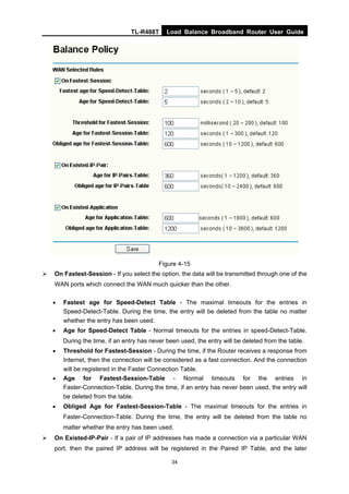 TL-R488T Load Balance Broadband Router User Guide
34
Figure 4-15
On Fastest-Session - If you select the option, the data will be transmitted through one of the
WAN ports which connect the WAN much quicker than the other.
• Fastest age for Speed-Detect Table - The maximal timeouts for the entries in
Speed-Detect-Table. During the time, the entry will be deleted from the table no matter
whether the entry has been used.
• Age for Speed-Detect Table - Normal timeouts for the entries in speed-Detect-Table.
During the time, if an entry has never been used, the entry will be deleted from the table.
• Threshold for Fastest-Session - During the time, if the Router receives a response from
Internet, then the connection will be considered as a fast connection. And the connection
will be registered in the Faster Connection Table.
• Age for Fastest-Session-Table - Normal timeouts for the entries in
Faster-Connection-Table. During the time, if an entry has never been used, the entry will
be deleted from the table.
• Obliged Age for Fastest-Session-Table - The maximal timeouts for the entries in
Faster-Connection-Table. During the time, the entry will be deleted from the table no
matter whether the entry has been used.
On Existed-IP-Pair - If a pair of IP addresses has made a connection via a particular WAN
port, then the paired IP address will be registered in the Paired IP Table, and the later
 