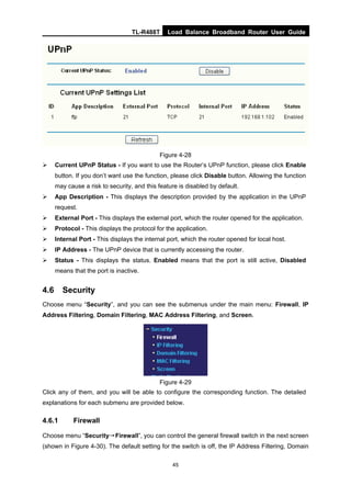 TL-R488T Load Balance Broadband Router User Guide
45
Figure 4-28
Current UPnP Status - If you want to use the Router’s UPnP function, please click Enable
button. If you don’t want use the function, please click Disable button. Allowing the function
may cause a risk to security, and this feature is disabled by default.
App Description - This displays the description provided by the application in the UPnP
request.
External Port - This displays the external port, which the router opened for the application.
Protocol - This displays the protocol for the application.
Internal Port - This displays the internal port, which the router opened for local host.
IP Address - The UPnP device that is currently accessing the router.
Status - This displays the status. Enabled means that the port is still active, Disabled
means that the port is inactive.
4.6 Security
Choose menu “Security”, and you can see the submenus under the main menu: Firewall, IP
Address Filtering, Domain Filtering, MAC Address Filtering, and Screen.
Figure 4-29
Click any of them, and you will be able to configure the corresponding function. The detailed
explanations for each submenu are provided below.
4.6.1 Firewall
Choose menu “Security→Firewall”, you can control the general firewall switch in the next screen
(shown in Figure 4-30). The default setting for the switch is off, the IP Address Filtering, Domain
 
