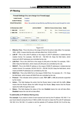 TL-R488T Load Balance Broadband Router User Guide
47
Figure 4-31
Effective Time - This is the time or the range of time for the entry to take effect. For example,
1800 - 2200, it means that the entry will take effect from 18:00 to 22:00.
LAN IP - This is the LAN IP address or the range of LAN IP addresses in dotted-decimal
notation format. For example, 192.168.1.20 - 192.168.1.30. Keep the field blank, which
means all LAN IP addresses are controlled by the rule.
LAN Port - This is the LAN Port or the range of LAN ports in the field. For example, 1030 -
2000. Keep the field blank, which means all LAN ports are controlled by the rule.
WAN IP - This is the WAN IP address or the range of WAN IP addresses in dotted-decimal
notation format. For example, 202.96.134.210 – 202.96.134.230. Keep the field blank, which
means all WAN IP addresses are controlled by the rule.
WAN Port - This is the WAN Port or the range of WAN Ports. For example, 25 – 110. Keep
the field blank, which means all WAN Ports are controlled by the rule.
Protocol - This indicates which protocol is used, TCP, UDP, or All (all protocols supported
by the router).
Action - This field displays the action that the Router takes to deal with the traffic. Allow
means that the Router allows the traffic through the Router, Deny means that the Router
rejects the traffic through the router.
Status - This field displays the status of the rule. Enabled means the rule will take effect,
Disabled means the rule will not take effect.
To add/modify an IP Address filtering entry:
For example: If you desire to block E-mail received and sent by the IP address 192.168.1.7 on
your local network during the time of 1800 to 2200; And wish to make the PCs with IP addresses
192.168.1.8 to 192.168.1.12 unable to visit the website of IP address 202.96.134.12 all the day,
 