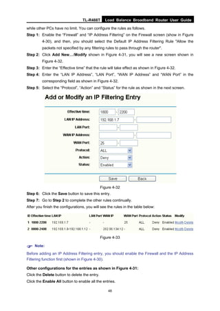 TL-R488T Load Balance Broadband Router User Guide
48
while other PCs have no limit. You can configure the rules as follows.
Step 1: Enable the “Firewall” and “IP Address Filtering” on the Firewall screen (show in Figure
4-30), and then, you should select the Default IP Address Filtering Rule "Allow the
packets not specified by any filtering rules to pass through the router".
Step 2: Click Add New…/Modify shown in Figure 4-31, you will see a new screen shown in
Figure 4-32.
Step 3: Enter the “Effective time” that the rule will take effect as shown in Figure 4-32.
Step 4: Enter the “LAN IP Address”, “LAN Port”, “WAN IP Address” and “WAN Port” in the
corresponding field as shown in Figure 4-32.
Step 5: Select the “Protocol”, “Action” and “Status” for the rule as shown in the next screen.
Figure 4-32
Step 6: Click the Save button to save this entry.
Step 7: Go to Step 2 to complete the other rules continually.
After you finish the configurations, you will see the rules in the table below:
Figure 4-33
Note:
Before adding an IP Address Filtering entry, you should enable the Firewall and the IP Address
Filtering function first (shown in Figure 4-30).
Other configurations for the entries as shown in Figure 4-31:
Click the Delete button to delete the entry.
Click the Enable All button to enable all the entries.
 