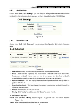 TL-R488T Load Balance Broadband Router User Guide
59
4.9.1 QoS Settings
Choose menu “QoS→QoS Settings”, you can configure the Upload Bandwidth and Download
Bandwidth in the next screen, their value you configure should be less than 1000000Kbps.
Figure 4-48
4.9.2 QoS Rules List
Choose menu “QoS→QoS Rules List”, you can view and configure the QoS rules in the screen
below.
Figure 4-49
Description - This is the information about the rules such as address range.
Mode - Mode can be separated into “independent bandwidth” and “share bandwidth”.
Independent bandwidth means every port has its own upload and download bandwidth,
share bandwidth means address or port share upload and download bandwidth.
Upload bandwidth - This field displays the max and mix upload bandwidth through the WAN
port, the default is 0.
Download bandwidth - This field displays the max and mix download bandwidth through the
WAN port, the default is 0.
Enable - This displays the status of the rule.
Modify - Click “Modify” to edit the rule, click “Delete” to delete the rule.
To add/modify a QoS rule:
Step 1: Click Add New…/Modify shown in Figure 4-49, you will see a new screen shown in
Figure 4-50.
Step 2: Enter the information like the screen as shown below.
 