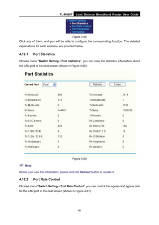 TL-R488T Load Balance Broadband Router User Guide
66
Figure 4-59
Click any of them, and you will be able to configure the corresponding function. The detailed
explanations for each submenu are provided below.
4.12.1 Port Statistics
Choose menu “Switch Setting→Port statistics”, you can view the statistics information about
the LAN port in the next screen (shown in Figure 4-60).
Figure 4-60
Note:
Before you view the information, please click the Refresh button to update it.
4.12.2 Port Rate Control
Choose menu “Switch Setting→Port Rate Control”, you can control the ingress and egress rate
for the LAN port in the next screen (shown in Figure 4-61).
 