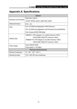 TL-R488T Load Balance Broadband Router User Guide
79
Appendix A: Specifications
General
Standards and Protocols
IEEE 802.3, 802.3u
TCP/IP, PPPoE, DHCP, ICMP, NAT, SNTP
Safety & Emission FCC、CE
Ports Four 10/100M Auto-Negotiation WAN RJ45 port.
One 10/100M Auto-Negotiation LAN RJ45 ports (Auto MDI/MDIX)
One Console (RS232 DB9 Male)
Cabling Type
10BASE-T: UTP category 3, 4, 5 cable (maximum 100m)
EIA/TIA-568 100Ω STP (maximum 100m)
100BASE-TX: UTP category 5, 5e cable (maximum 100m)
EIA/TIA-568 100Ω STP (maximum 100m)
Power Supply
Input: 220VAC 50HZ
Consumption: 4.1W (Max)
Physical and Environment
Working Temperature 0℃~40℃ (32℉~104℉)
Working Humidity 10% - 90% RH, Non-condensing
 