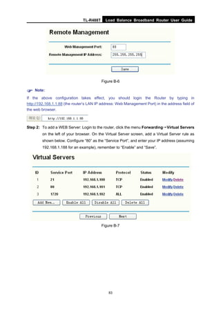 TL-R488T Load Balance Broadband Router User Guide
83
Figure B-6
Note:
If the above configuration takes effect, you should login the Router by typing in
http://192.168.1.1:88 (the router’s LAN IP address: Web Management Port) in the address field of
the web browser.
Step 2: To add a WEB Server: Login to the router, click the menu Forwarding→Virtual Servers
on the left of your browser. On the Virtual Server screen, add a Virtual Server rule as
shown below. Configure “80” as the “Service Port”, and enter your IP address (assuming
192.168.1.188 for an example), remember to “Enable” and “Save”.
Figure B-7
 