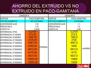 AHORRO DEL EXTRUIDO VS NO
EXTRUIDO EN PACO-GAMITANA
ESPECIE ESPECIE
TIPO DE ALIMENTO TIPO DE ALIMENTO
CONVERSION ALIM CONVERSION ALIM
PRECIO*KILO PRECIO*KILO
COSTO FA COSTO FA
DIFERENCIAL S*KG -0,2725 0,2725
DIFERENCIAL S*1000KG -272,50 272,5
DIFERENCIAL S*5000KG -1362,50 1362,5
DIFERENCIAL S*10000KG -2725,00 2725
DIFERENCIAL S*15000KG -4087,50 4087,5
DIFERENCIAL S*20000KG -5450,00 5450
DIFERENCIAL S*25000KG -6812,50 6812,5
DIFERENCIAL S*30000KG -8175,00 8175
DIFERENCIAL S*35000KG -9537,50 9537,5
DIFERENCIAL S*40000KG -10900,00 10900
DIFERENCIAL S*50000KG -13625,00 13625
1,75
2,3625
EXTRUIDO
1,1
1,9
2,09
PACO-GAMITANA PACO-GAMITANA
NO EXTRUIDO
1,35
CRIADOR A CRIADOR B
PERDIDA
AHORRO
 