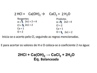 Química, 1ª Série
Balanceamento, acerto de coeficientes - método das
tentativas
HCl + Ca(OH)2 → CaCl2 + H2O
Reagentes
H = 3
Cl = 1
Ca = 1
O = 2
Produtos
H = 2
Cl = 2
Ca = 1
O = 1
Inicia-se o acerto pelo Cl, seguindo as regras mencionadas.
2
2x1 = 2
2x1 + 2 = 4
2
E para acertar os valores de H e O coloca-se o coeficiente 2 na água:
2x2 = 4
2x1 = 2
2HCl + Ca(OH)2 → CaCl2 + 2H2O
Eq. Balanceada
 