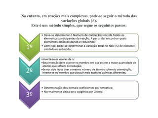 No entanto, em reações mais complexas, pode-se seguir o método das
variações globais (∆).
Este é um método simples, que segue os seguintes passos:
 