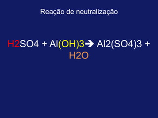 Reação de neutralização

H2SO4 + Al(OH)3 Al2(SO4)3 +
H2O

 