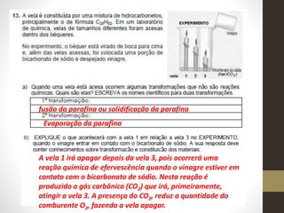 fusão da parafina ou solidificação da parafina
Evaporação da parafina
A vela 1 irá apagar depois da vela 3, pois ocorrerá uma
reação química de efervescência quando o vinagre estiver em
contato com o bicarbonato de sódio. Nesta reação é
produzido o gás carbônico (CO2) que irá, primeiramente,
atingir a vela 3. A presença do CO2, reduz a quantidade do
comburente O2, fazendo a vela apagar.
 