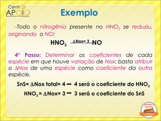 Exemplo
oTodo o nitrogênio presente no HNO3 se reduziu,
originando o NO:
4° Passo: Determinar os coeficientes de cada
espé...