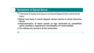 If the level of spinal cord injury is at Sacral Segment then spinal shock
signs:
Spinal cord injury in sacral segment causes injuries to sacral autonomic
nerves.
Vasoconstriction of blood vessels of legs dominated by sympathetic
action resulting in hypertension and dilatation of urinary bladder.
The reflexes are normal in all four extremities.
Symptoms of Spinal Shock
 
